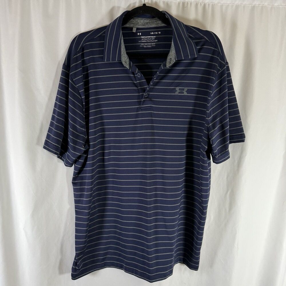 Under Armour The Playoff Polo Men's Large Blue Gray Striped Short Sleeve Collar